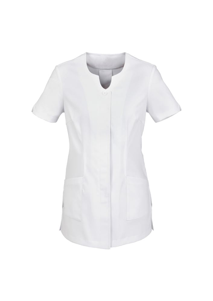 Ladies Eden Tunic in white, Size 14; features a semi-fitted design, concealed buttons, pockets, and modern V-neck detail.