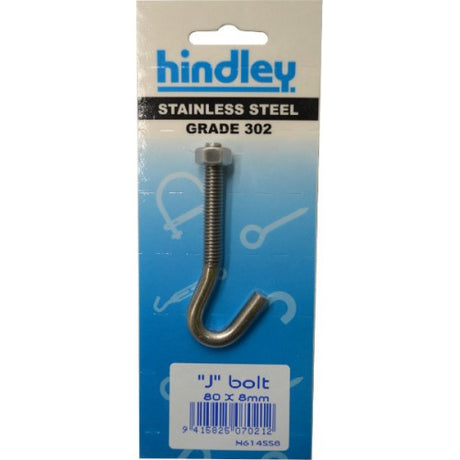 Stainless "J" Bolt 80x8mm by Hindley, featuring a 16mm hook opening and 44mm thread for secure fastening in various applications.