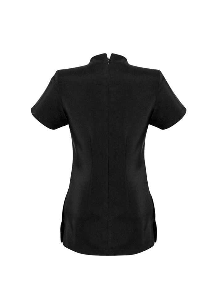Ladies Spa Tunic in black, size 14, featuring a mock-wrap front, deep side splits, and stain release technology for comfort.