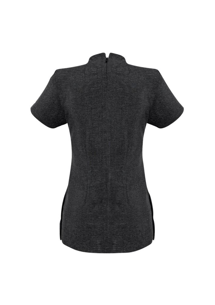 Stylish grey marle ladies spa tunic Size 10 with asymmetrical mock-wrap front and easy-care fabric, perfect for professionals.