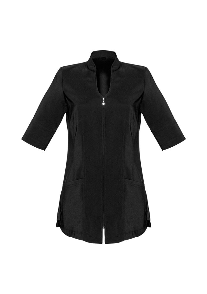 Ladies Bliss Tunic in black, size 8, featuring 2-way zip, front pockets, and premium stretch fabric for comfort and style.