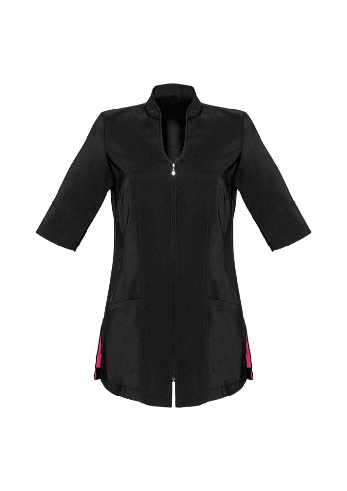 Stylish black and magenta Ladies Bliss Tunic, Size 12, featuring a 2-way zip, pockets, and stain-resistant fabric.