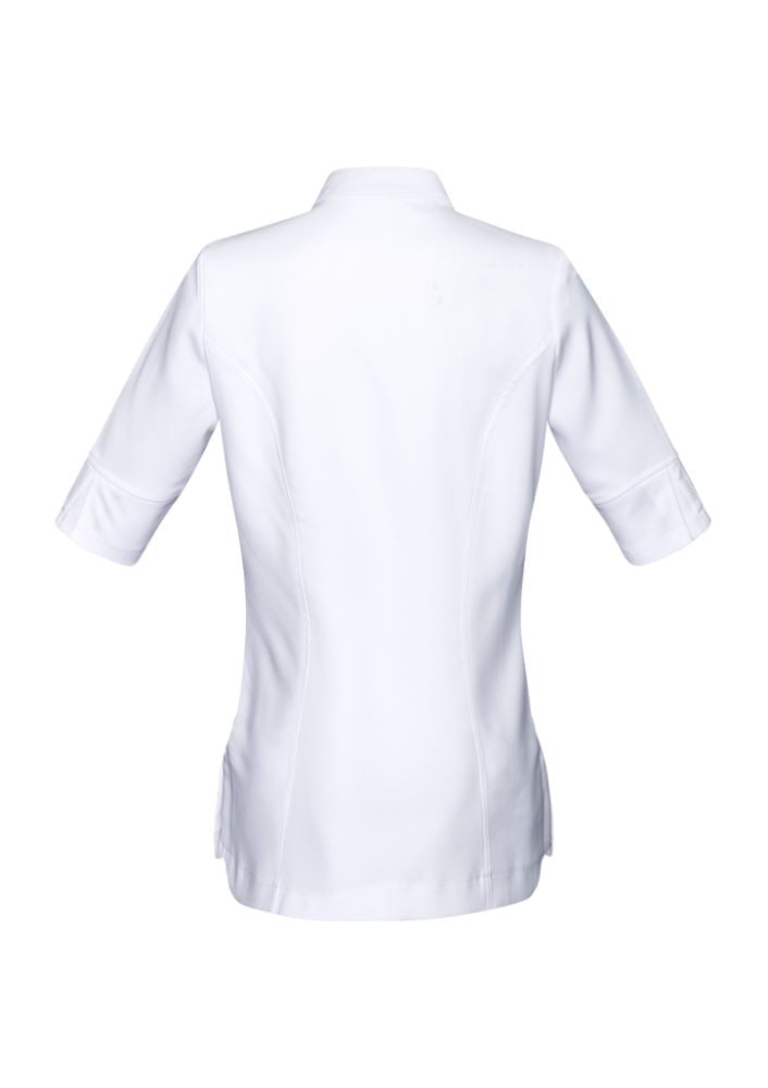 Ladies Bliss Tunic in white, Size 12, featuring a stylish 2-way zip, pockets, and soft stretch fabric for all-day comfort.