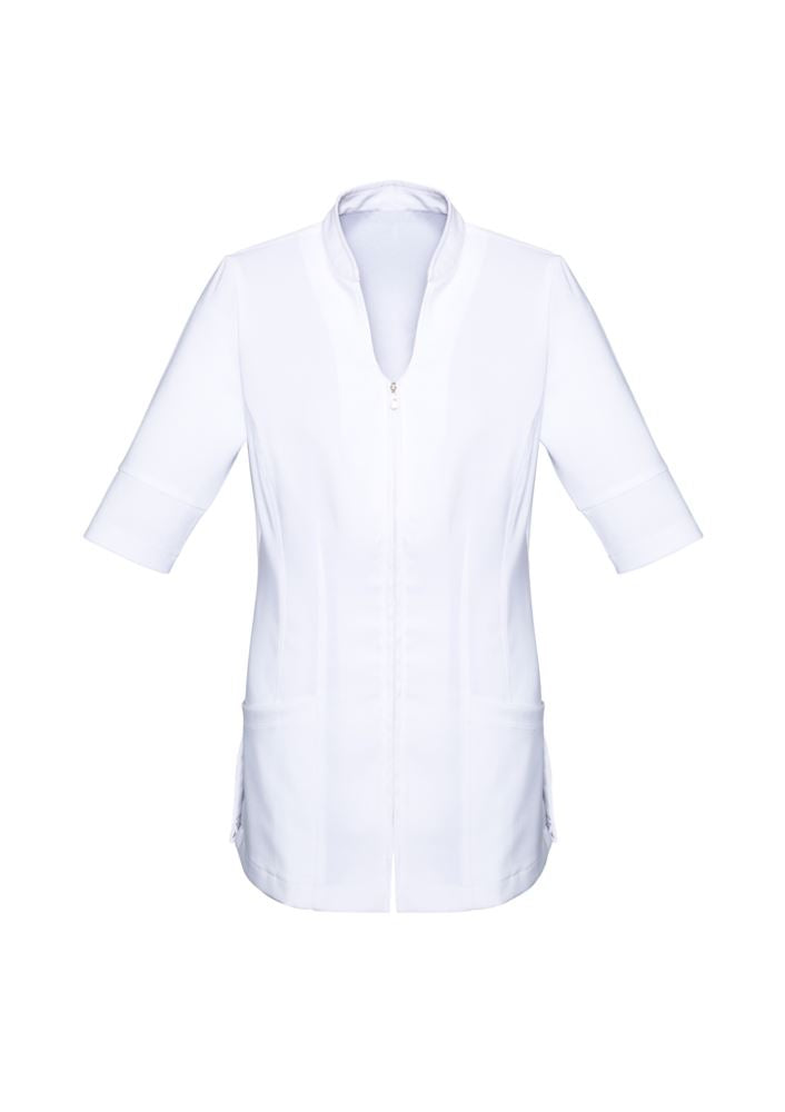 Ladies Bliss Tunic in White, Size 6, featuring a 2-way zipper, deep side splits, and stain-resistant fabric for stylish comfort.