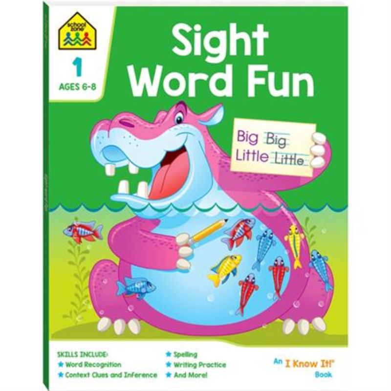 Colorful workbook cover featuring 'Sight Word Fun' for kids aged 6+, promoting early literacy with engaging activities.