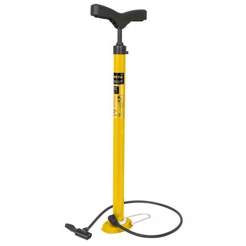 Durable Pretul hand tyre pump with steel cylinder, dual head for various valves, and comfortable handle for easy inflation.