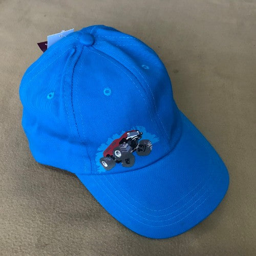 Vibrant blue cap for kids aged 4-6, featuring a fun truck design and adjustable strap for a secure fit.