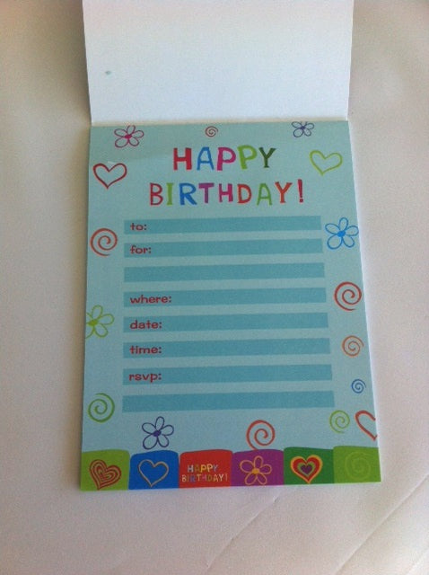 Colorful birthday party invitation pad with 20 sheets for writing event details, measuring 19 x 4.5 cm.