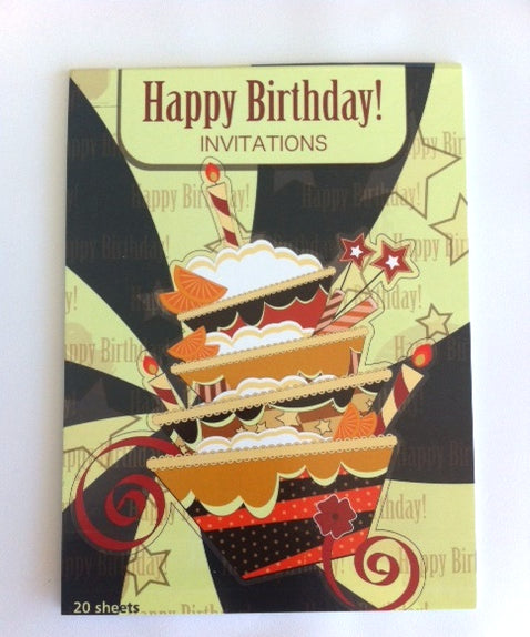 Colorful birthday party invitations on quality paper, 20 sheets with ample space for details, ideal for any age celebration.