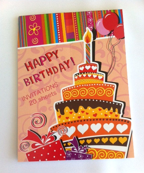 Brightly colored birthday party invitations pad with 20 sheets, measuring 19 x 4.5 cm, perfect for various celebrations.