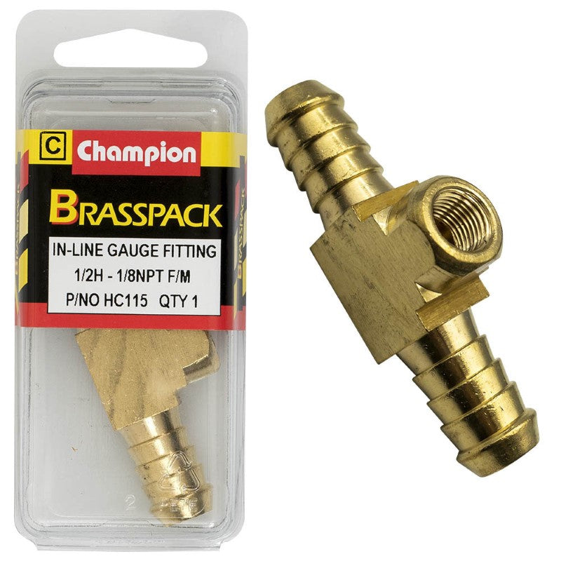 Brass in-line gauge fitting, 1/2inH to 1/8inNPT female connection, durable and corrosion-resistant for plumbing systems.
