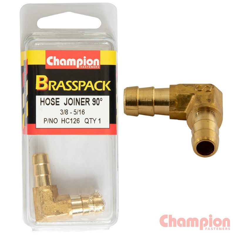 Brass 90-degree elbow reducer for connecting 3/8" to 5/16" hoses, ideal for plumbing and irrigation applications.