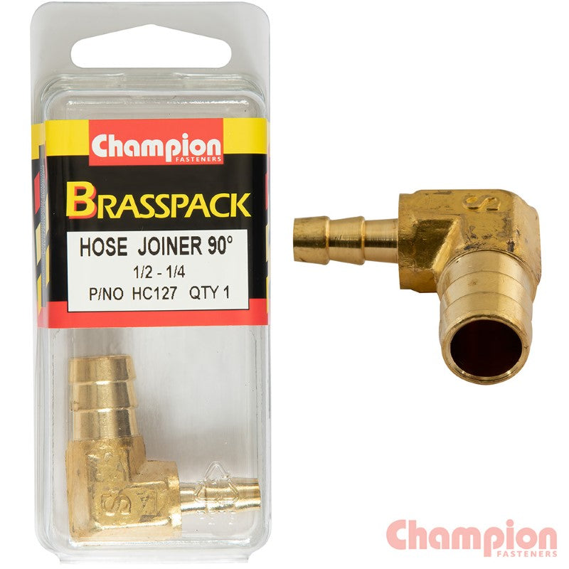 Brass 90-degree barb elbow hose joiner reducer for connecting 1/2 inch to 1/4 inch hoses, ideal for plumbing and gardening.