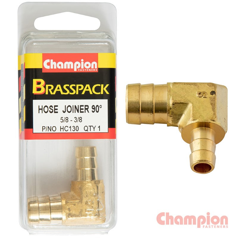 Brass 90° elbow hose joiner reducing sizes from 5/8" to 3/8", ideal for garden and irrigation plumbing projects.