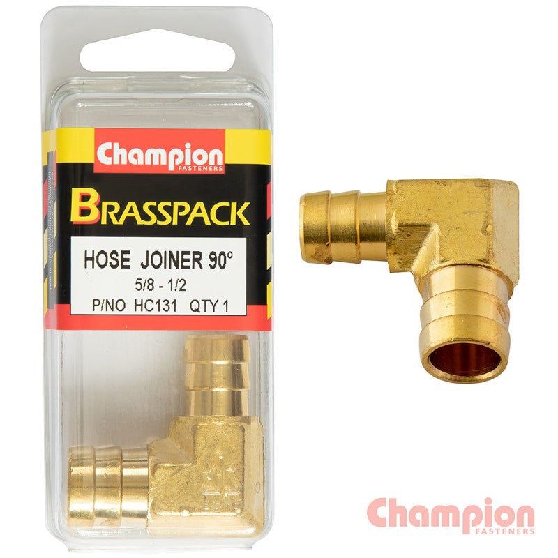 Brass 90° elbow hose joiner for 5/8"-1/2" connections, ideal for irrigation and plumbing, ensuring leak-free performance.