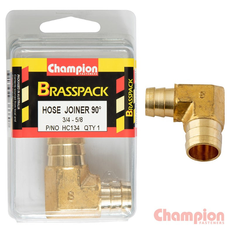 90-degree brass hose joiner reducer for 3/4" to 5/8" connections, ideal for efficient irrigation and secure fittings.