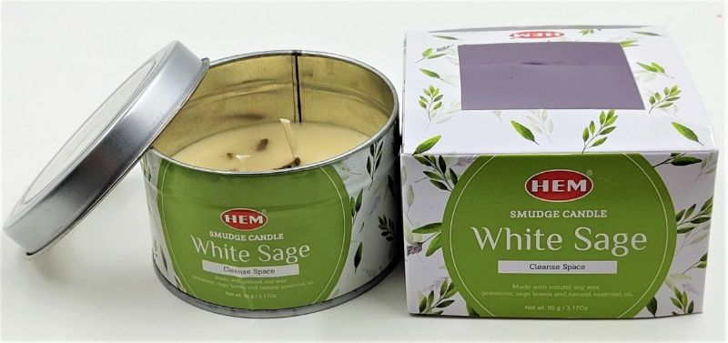 A soothing 90 gm tin candle infused with white sage for purification and tranquility in your home or office.