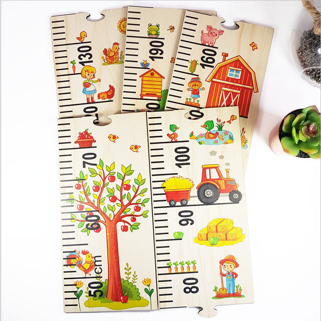 Farm Life Growth Chart Ruler in pine veneer, measuring 195cm, featuring engaging puzzle design for nursery decor.