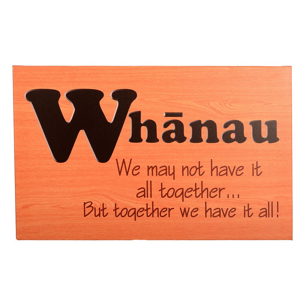 Canvas print featuring "Whanau" in M?ori, celebrating family bonds with a unique wood panel design and waterproof quality.