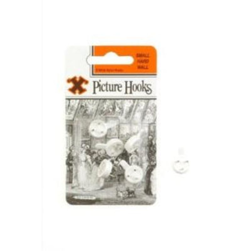 Small bayonet picture hooks in blister pack for easy hanging on hard walls; ideal for art and frames.