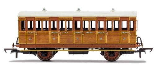 Hornby GNR 4WC model train coach, 3rd Class, features fitted lights, period design, and compact for tight curves.