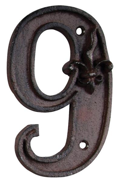 Durable cast iron house number '9', stylishly designed, measuring 12 x 7 cm, ideal for enhancing address visibility.