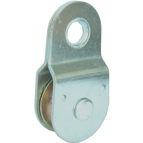 Durable 40mm fixed eye pulley block with zinc-plated steel body, ideal for heavy-duty lifting and rigging applications.