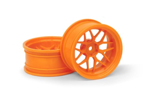 Bright orange Tech 7 wheels for 1/10 RC vehicles, 52x26mm size, 9mm offset, enhancing performance and style.