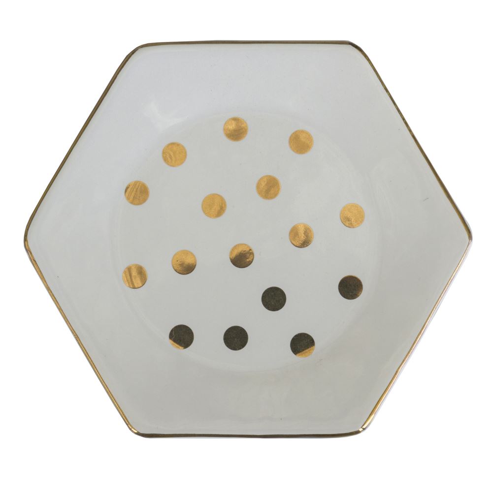 Ceramic hexagon trinket tray measuring 117x117x10mm, perfect for holding cherished items.