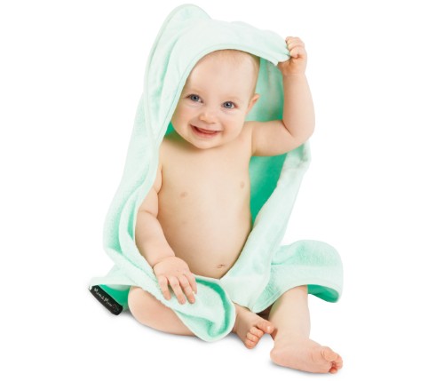 Soft mint hooded towel for babies, 74cm x 74cm, providing warmth and comfort after bath time with a playful hood.