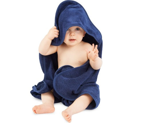Navy hooded towel for babies, soft and absorbent, perfect for post-bath comfort and warmth, ensures quick drying.