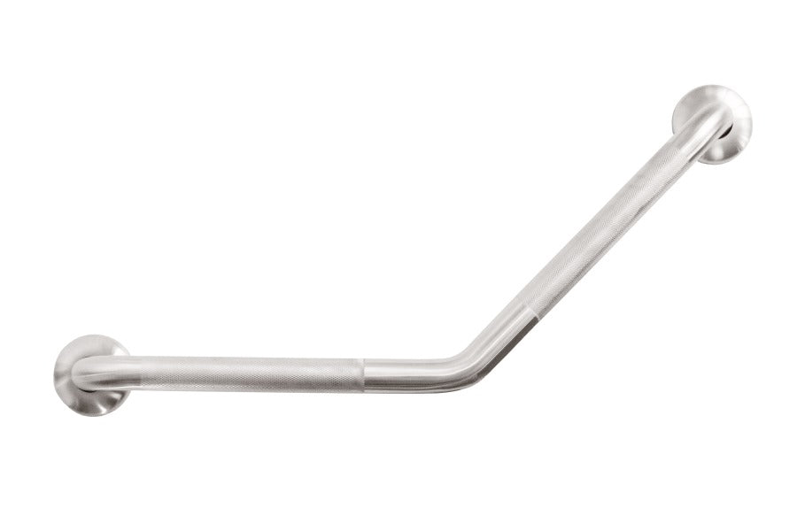 Brushed stainless steel grab rail, 350mm x 350mm, 45-degree angle, with knurled grip for safety and accessibility in homes.