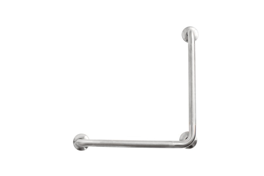 Brushed stainless steel grab rail with knurled grip, 90 degrees angle for safety and accessibility in bathrooms and hallways.