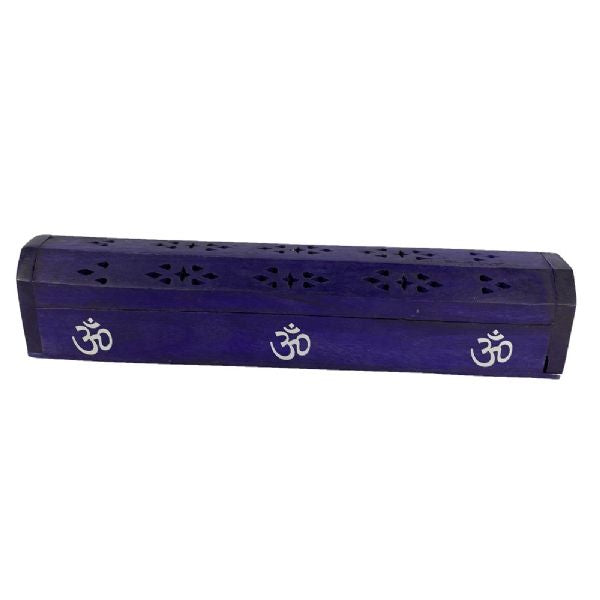 Purple OM Box Incense Holder, 12 inches long, featuring the OM symbol and a storage compartment for sticks and cones.
