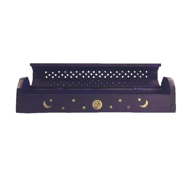 Purple incense holder with sun, moon, and star design, crafted from Papri wood for meditation and relaxation.