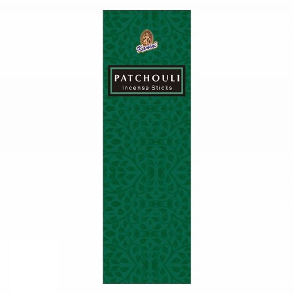 Kamini Patchouli Incense box containing six hexagonal packs of 20 sticks, offering a soothing, earthy aroma for relaxation and meditation.