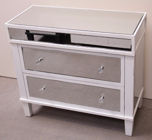 Elegant Mirrored 2 Drawer chest with a reflective surface and two spacious drawers, perfect for stylish storage and decor.