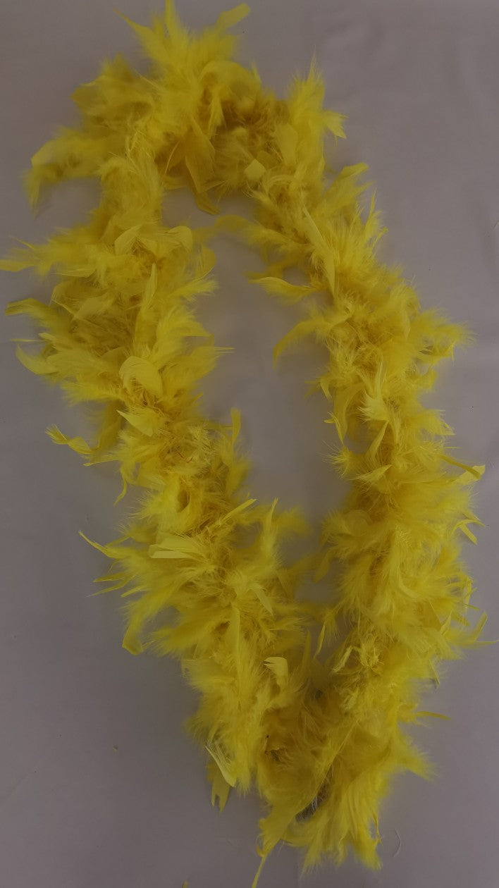 Vibrant yellow 2-yard feather boa, perfect for adding glamour to costumes, performances, and themed events.
