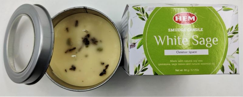 Smudge Candle - White Sage: A calming 90 gm tin candle infused with white sage for purifying and enhancing relaxation.