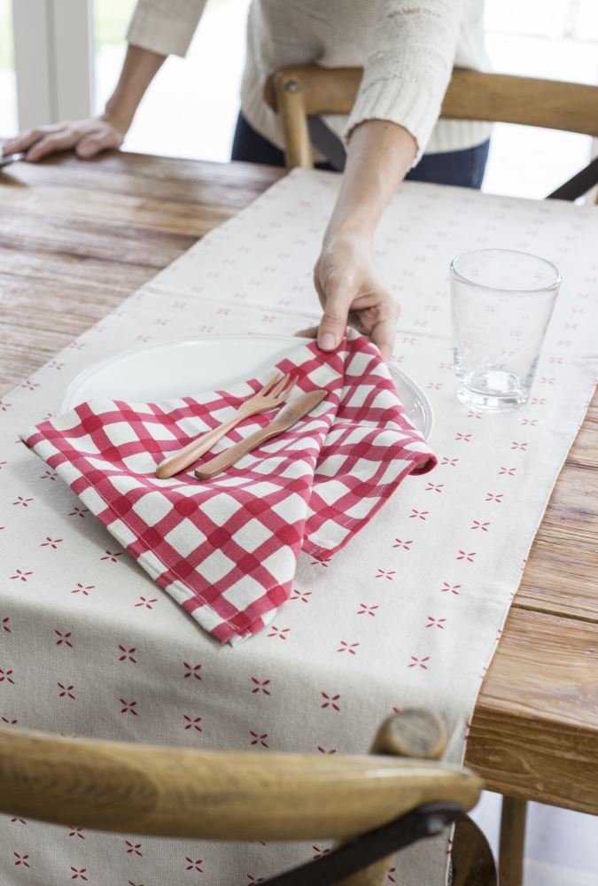 Bright cherry red gingham napkin set of four, made from 100% cotton, perfect for festive dining and casual gatherings.