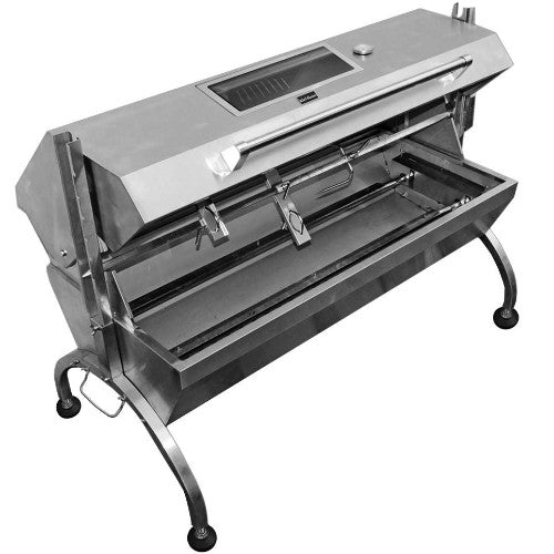 Stainless steel Kiwi Sizzler Gas Spit with dual burners, temperature gauge, and vented lid for perfect outdoor roasting.