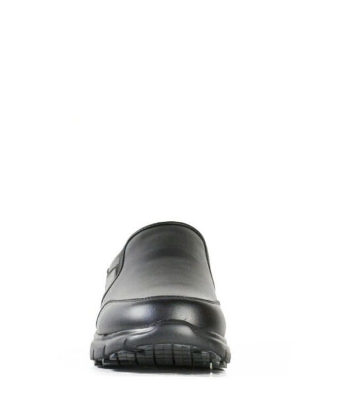 Black slip-on jogger shoes from Bata, UK size 8, featuring slip-resistant rubber outsole and heat/oil resistance up to 300°C.