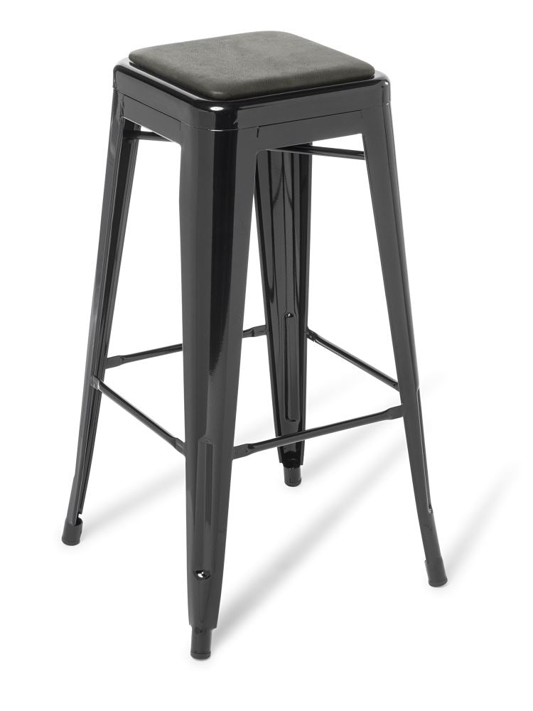 Sleek black bar stool with sturdy steel frame, stackable design, and comfortable height, perfect for contemporary spaces.