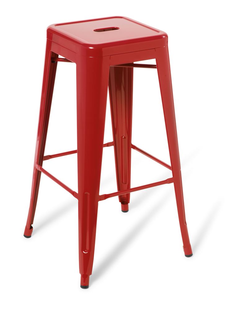 Stylish red bar stool with a sturdy steel frame, stackable design, and 760mm seat height, perfect for modern interiors.