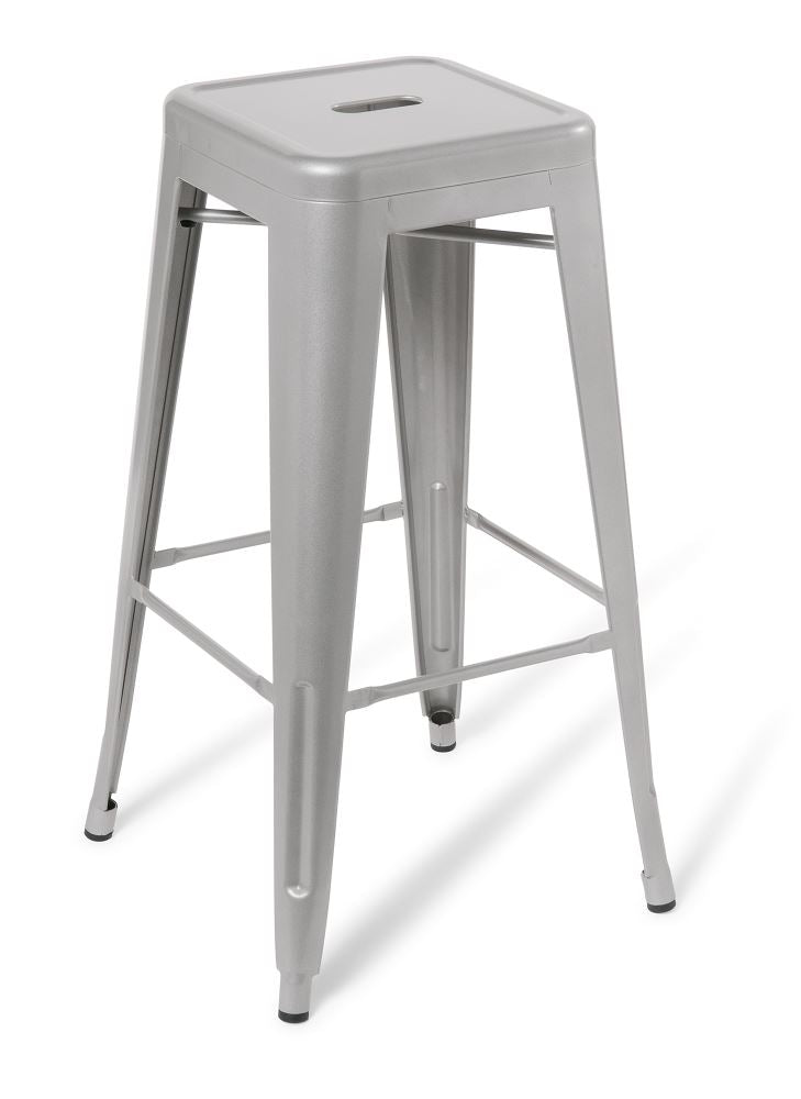 Sleek silver bar stool with a sturdy steel frame, stackable design, and modern industrial style, perfect for any space.
