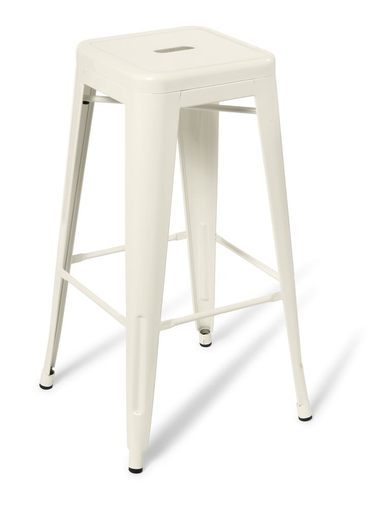 White Industry Bar Stool featuring a sturdy steel frame, stackable design, and modern minimalist aesthetics for dining and commercial use.