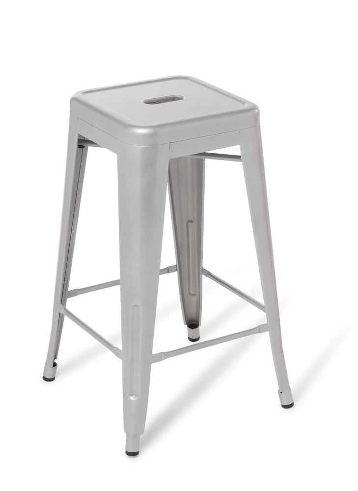 Sleek silver kitchen stool with sturdy steel frame, stackable design, and 660mm seat height for modern spaces.