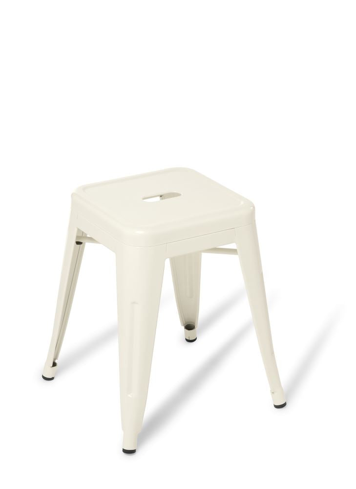 Low Stool Industry in white, featuring a sturdy steel frame, minimalist design, stackable, 457mm seat height for versatile seating.