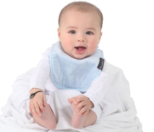 Infant Wonder Bib in Baby Blue, featuring soft cotton, absorbent towelling, and a water-resistant backing for delicate newborns.