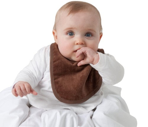 Infant Wonder Bib in Chocolate, designed for newborns with super-absorbent cotton and water-resistant backing.
